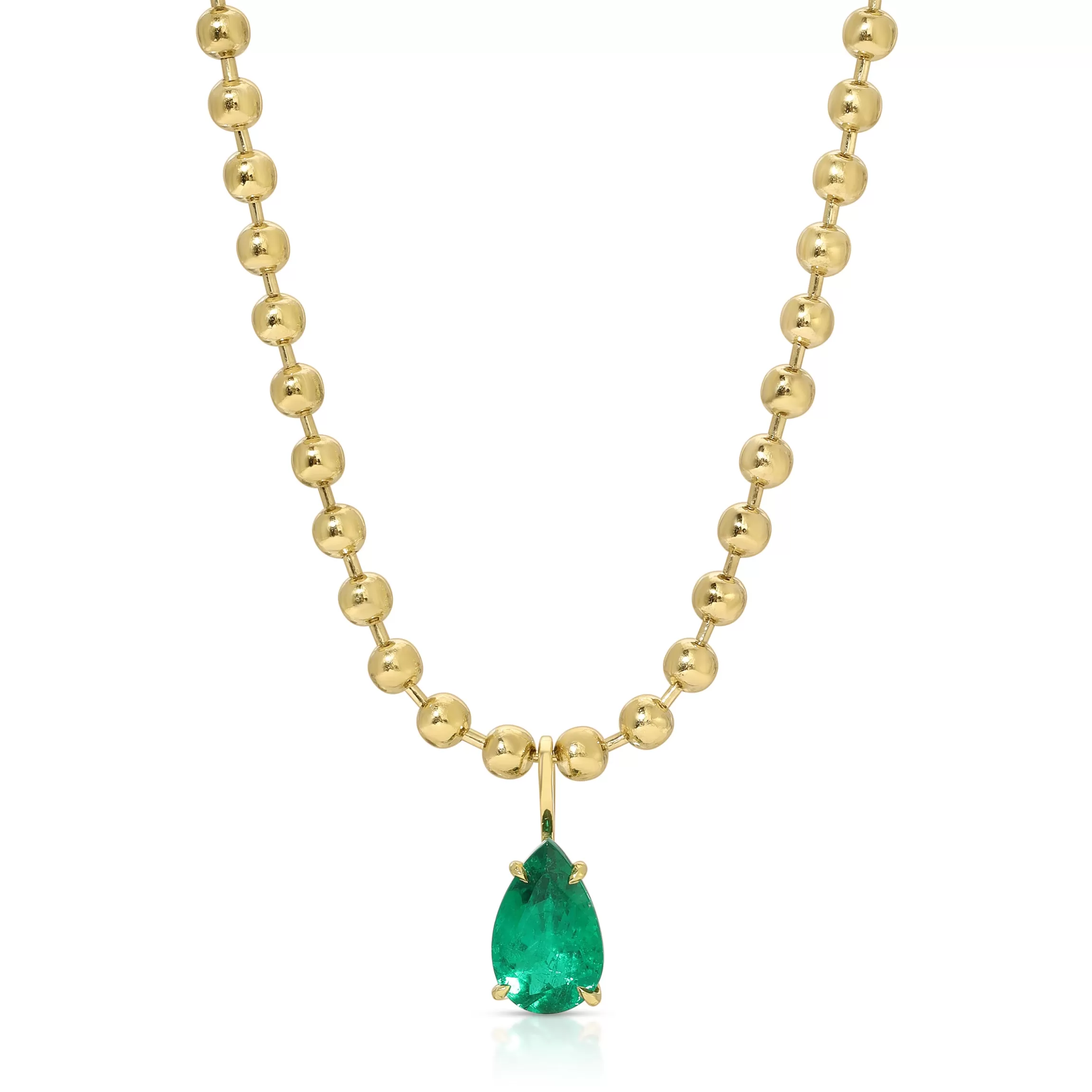 Anita Ko BALL CHAIN NECKLACE WITH PEAR SHAPED EMERALD PENDANT