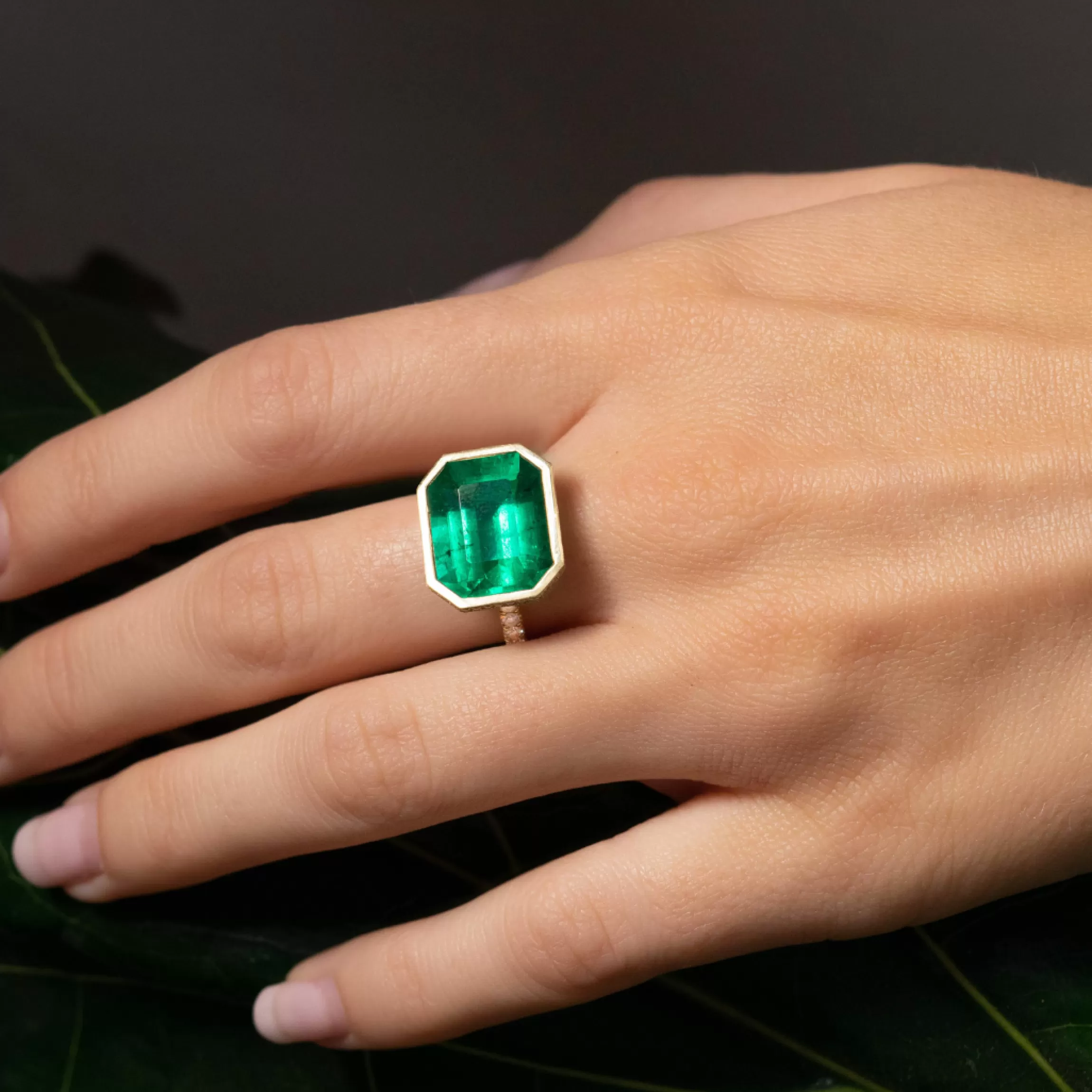 Anita Ko BEZELED EMERALD CUT EMERALD RING WITH DIAMOND BASKET AND BAND