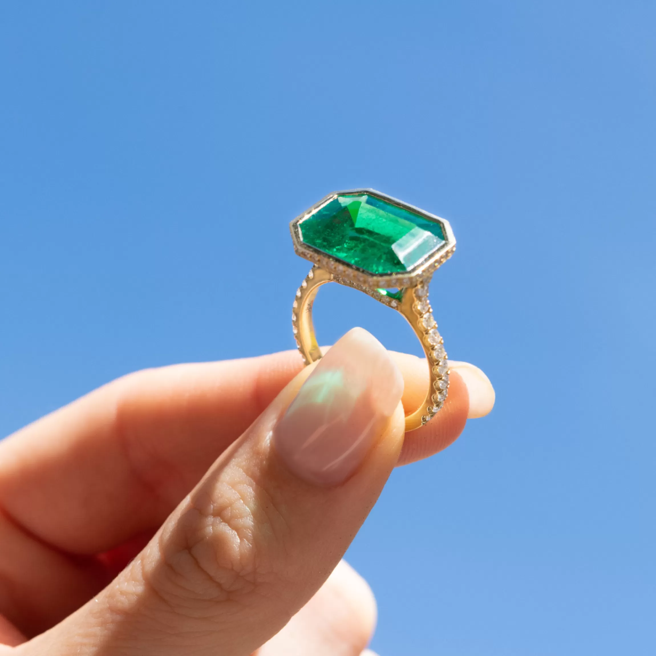 Anita Ko BEZELED EMERALD CUT EMERALD RING WITH DIAMOND BASKET AND BAND