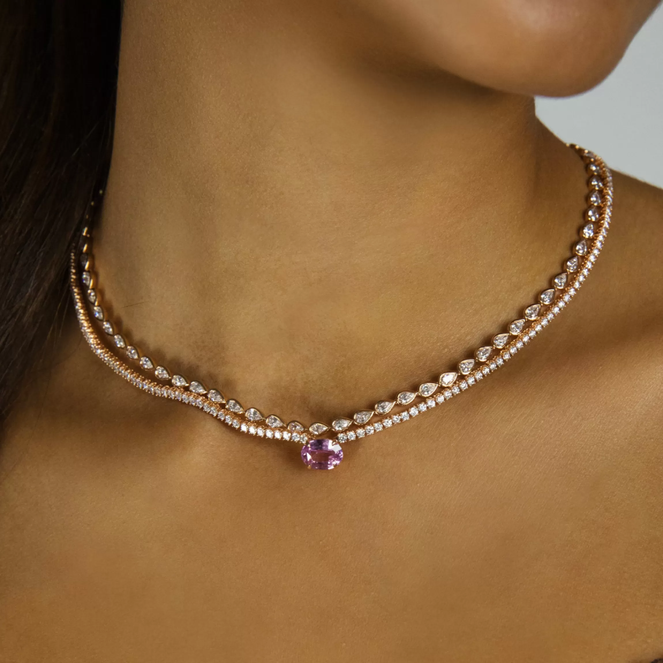 Anita Ko DIAMOND HEPBURN CHOKER WITH OVAL SHAPED PINK SAPPHIRE