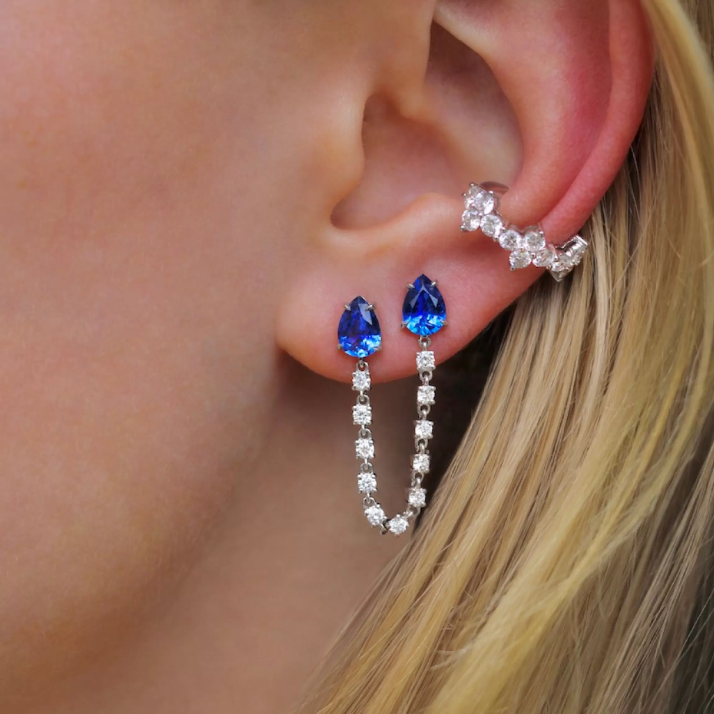 Anita Ko DOUBLE PIERCING EARRING WITH PEAR SHAPED BLUE SAPPHIRES