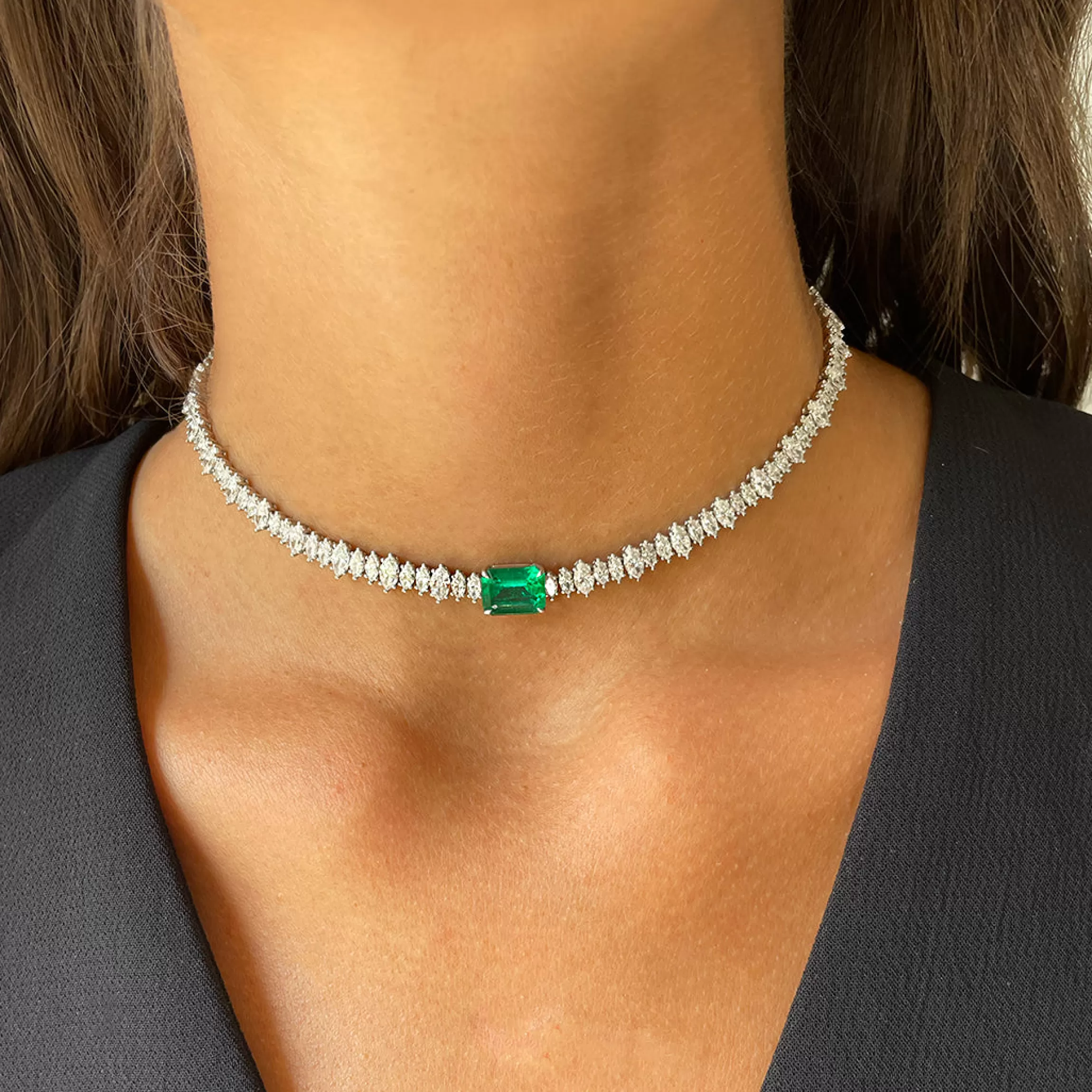 Anita Ko MARQUIS DIAMOND AND COLOMBIAN EMERALD CUT EMERALD CHOKER