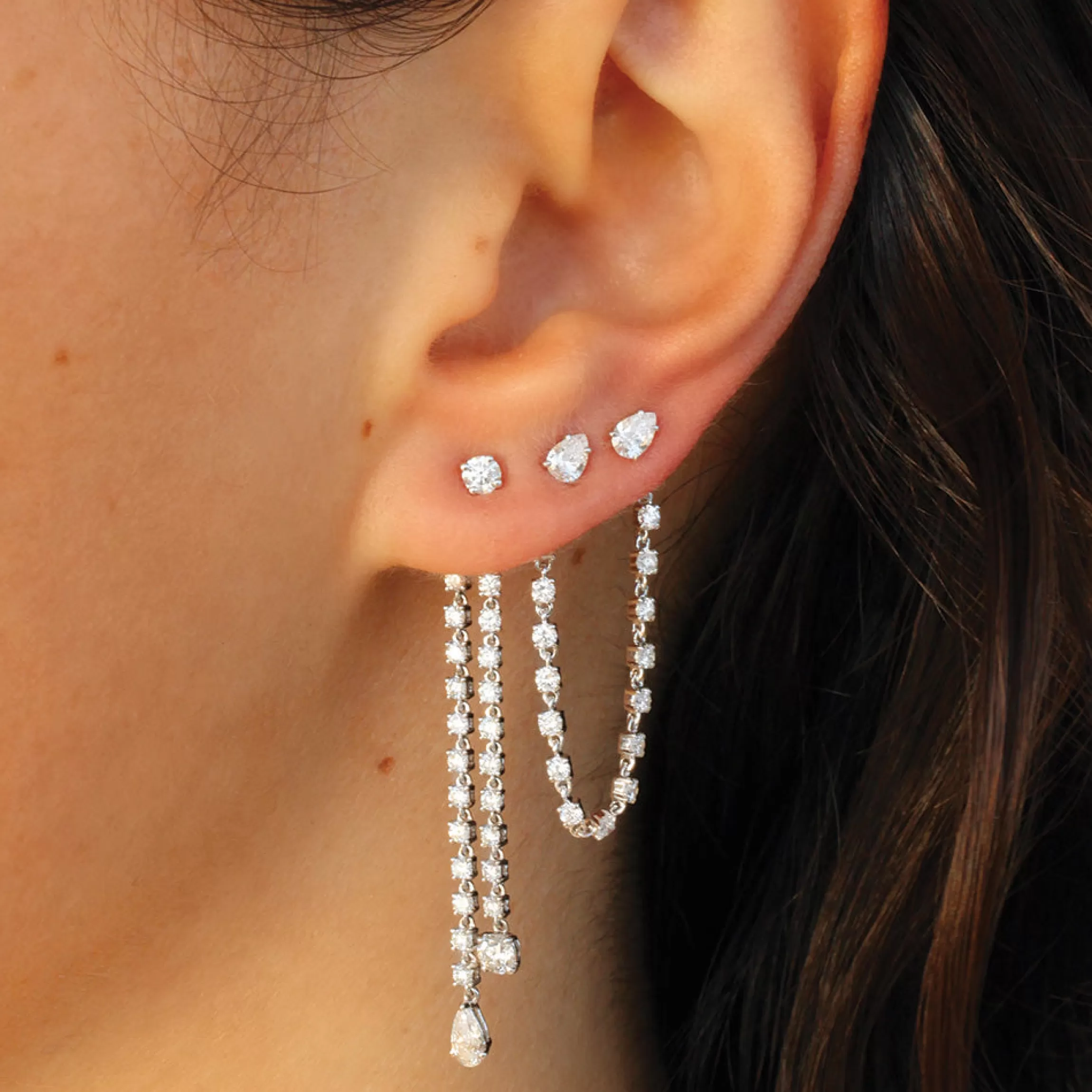 Anita Ko SINGLE DOUBLE DRAPED DIAMOND ROPE EARRING WITH ROUND AND PEAR DIAMOND DROPS