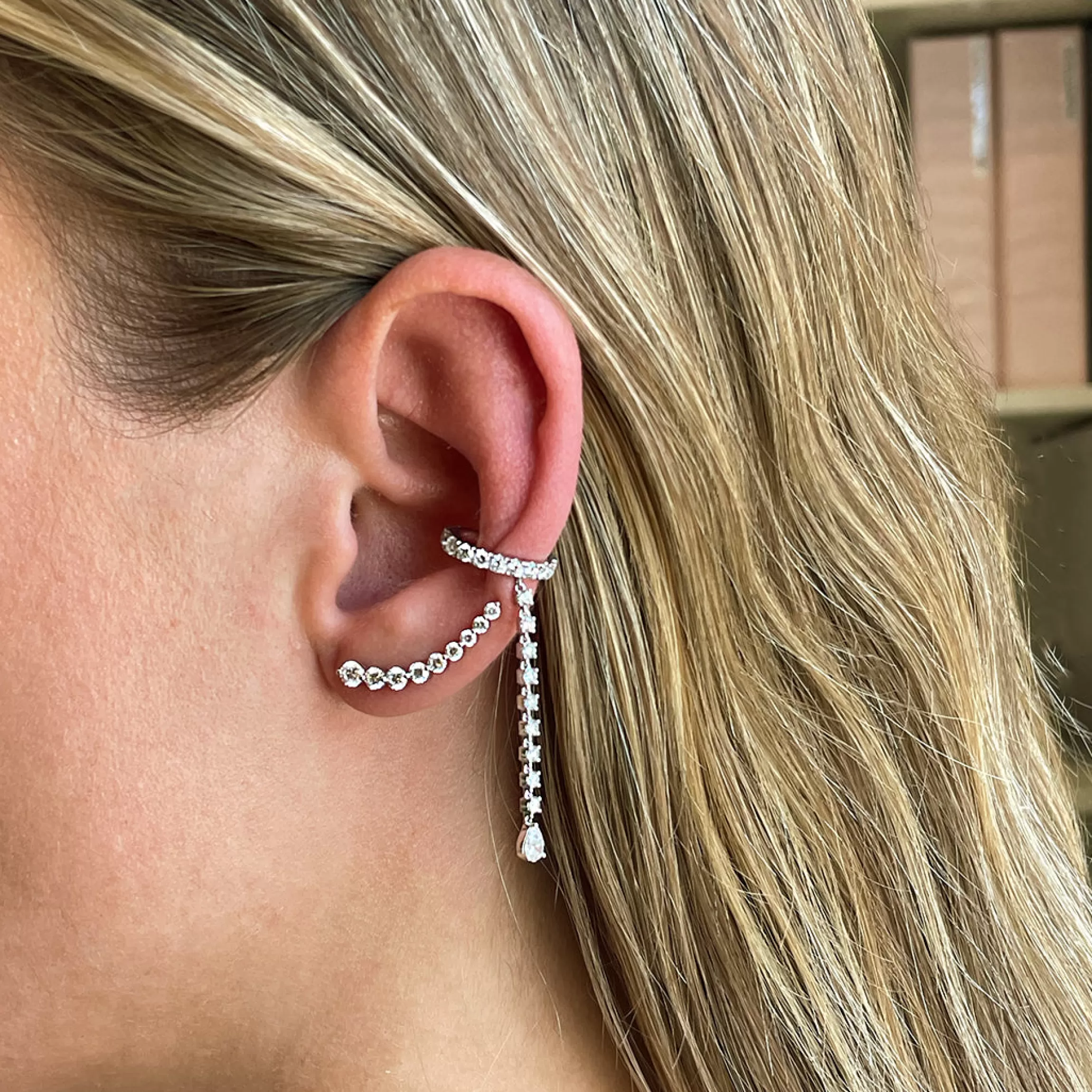 Anita Ko SINGLE ROW DIAMOND EAR CUFF WITH ROUND AND PEAR DIAMOND DROPS