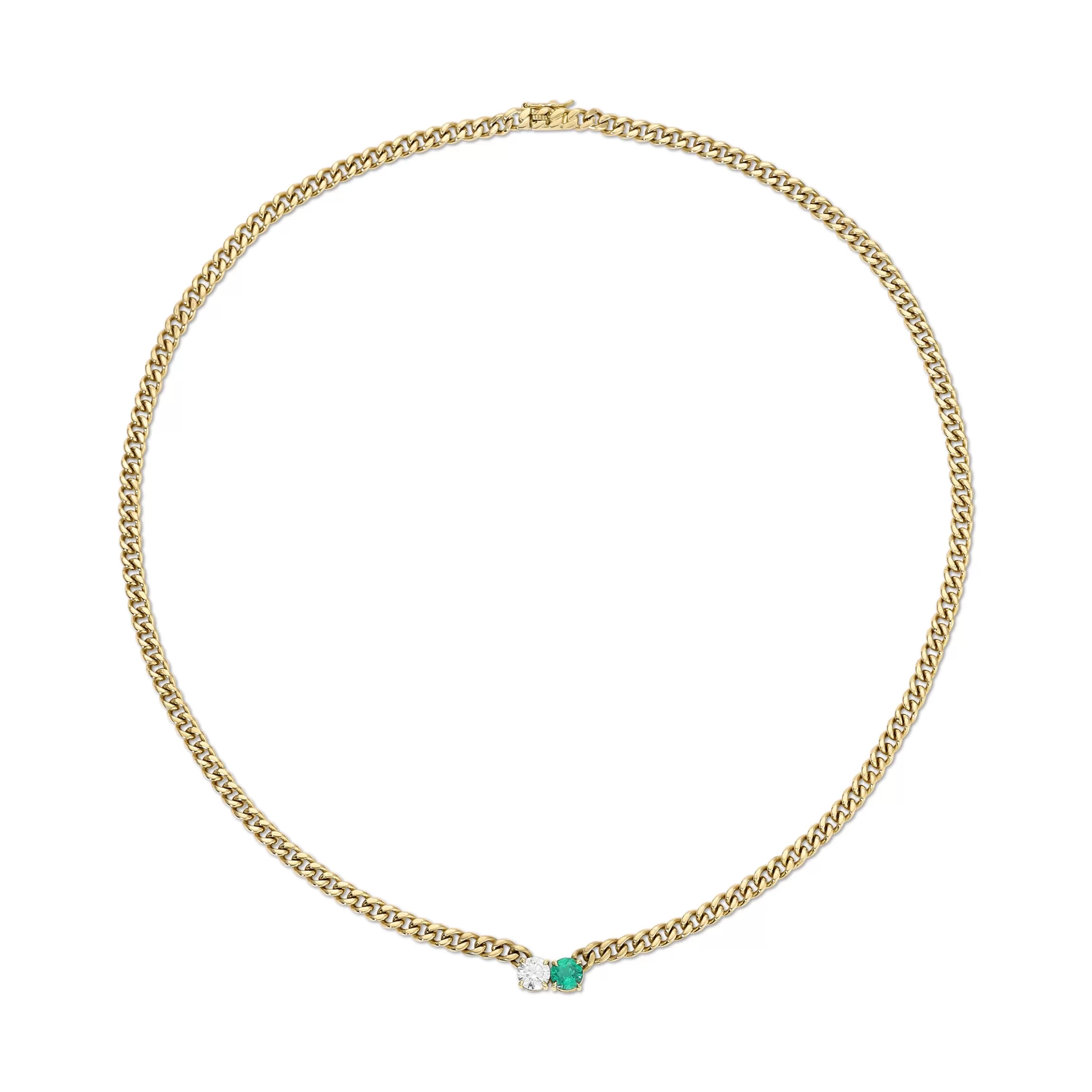 Anita Ko SMALL CUBAN CHAIN CHOKER WITH ROUND EMERALD AND DIAMOND CENTER