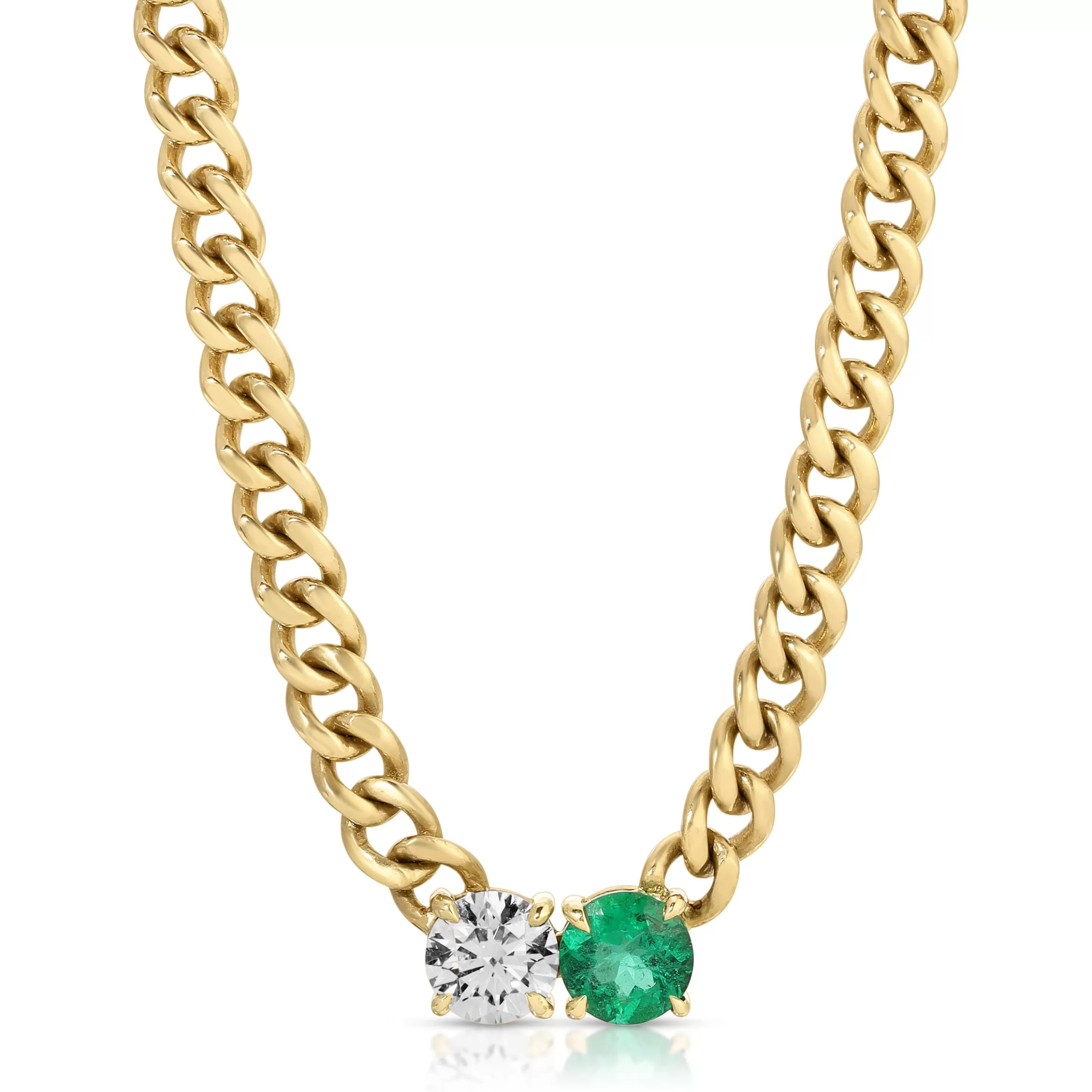 Anita Ko SMALL CUBAN CHAIN CHOKER WITH ROUND EMERALD AND DIAMOND CENTER