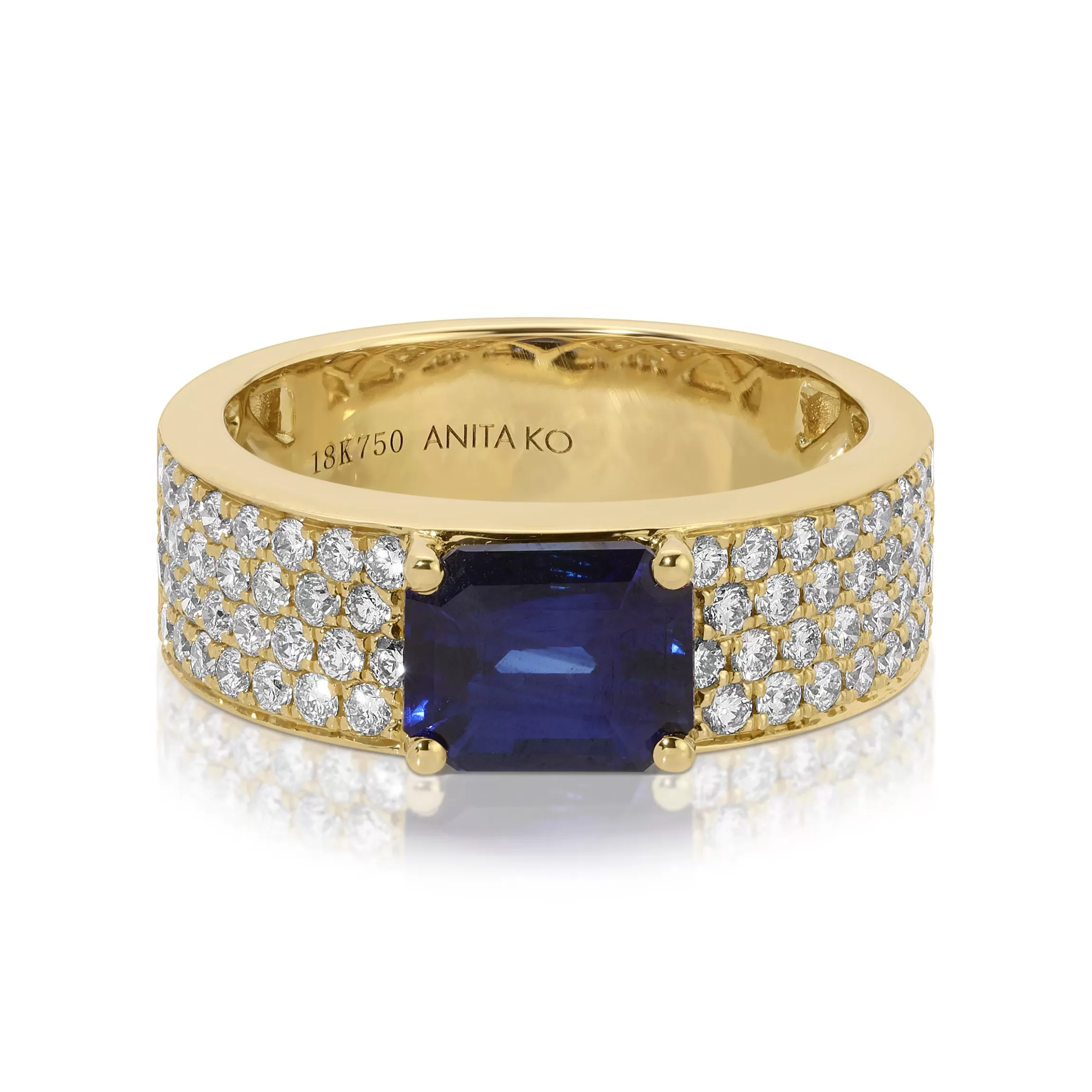 Anita Ko WIDE DIAMOND BAND WITH EMERALD CUT BLUE SAPPHIRE CENTER